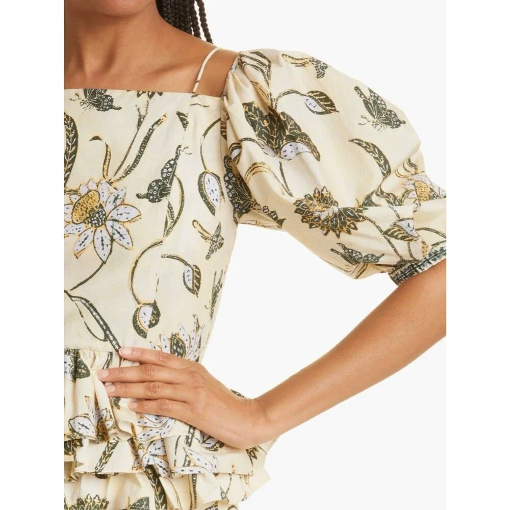 Ulla Johnson Carlotta Floral Cotton Peplum Top Puff Sleeve Lace Up Back Cottage